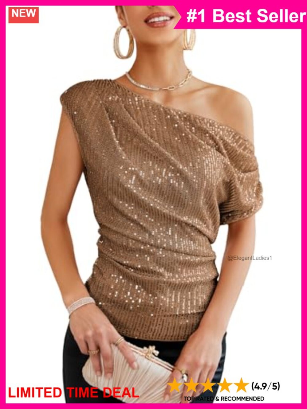 Sequin One Shoulder Ruched Top Slim Fit Party Blouse